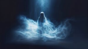 青い霧の中に立つ、布をまとった人影