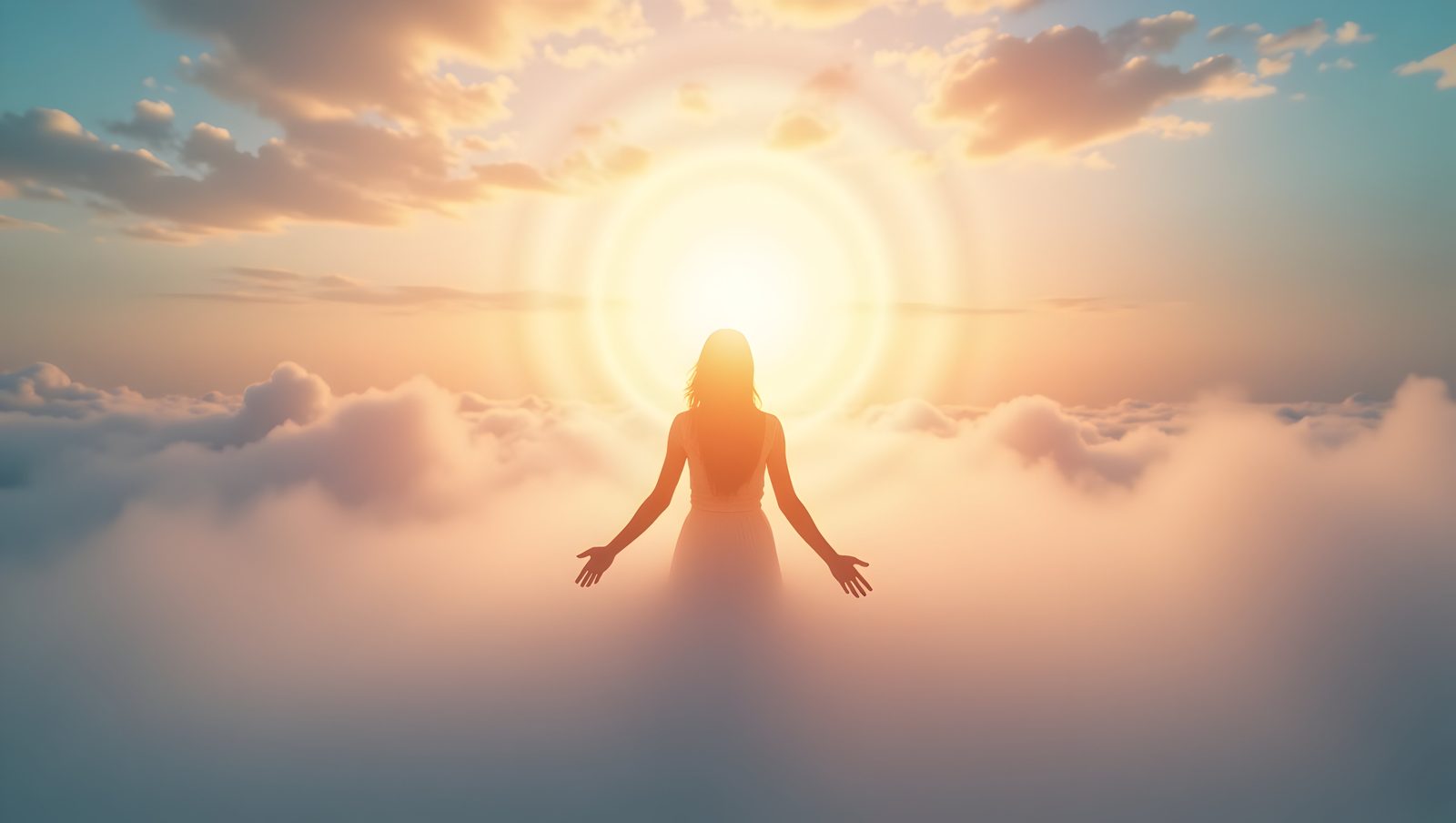 雲の上で光の輪に向かって両手を広げる人のシルエット